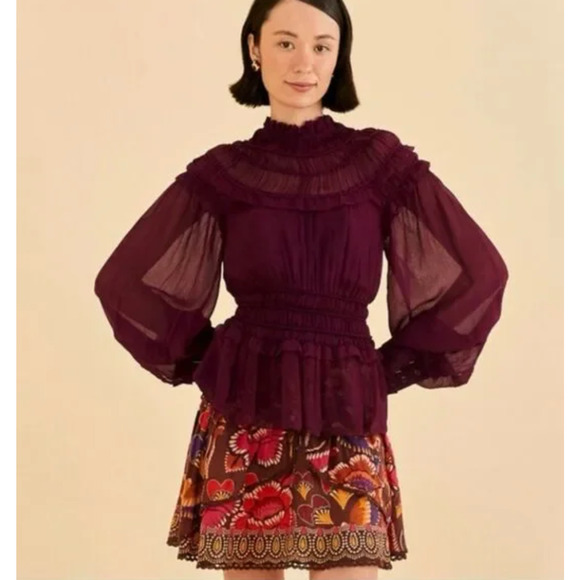 Farm Rio Ruffle High Neck Chiffon Burgundy Blouse XS - Picture 1 of 15